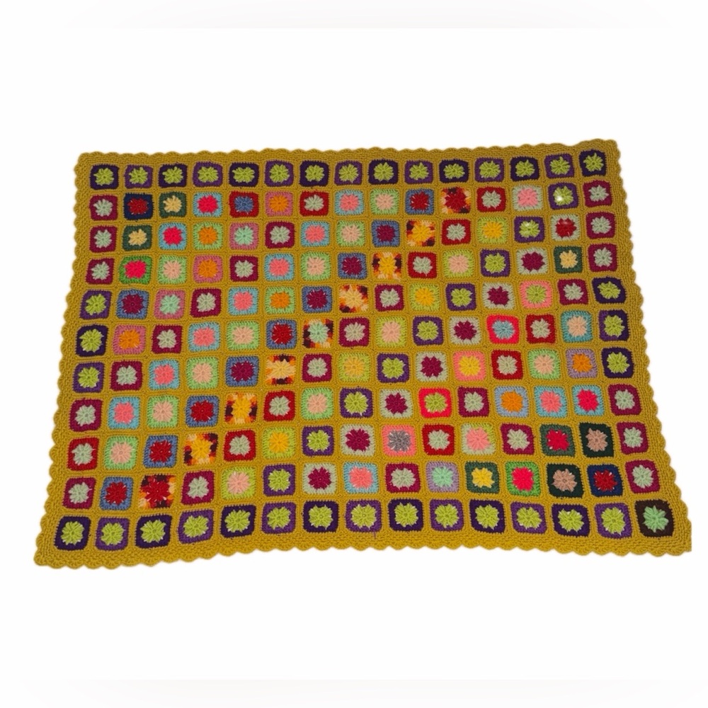 Vintage Handmade Colorful Square Crochet Granny Blanket